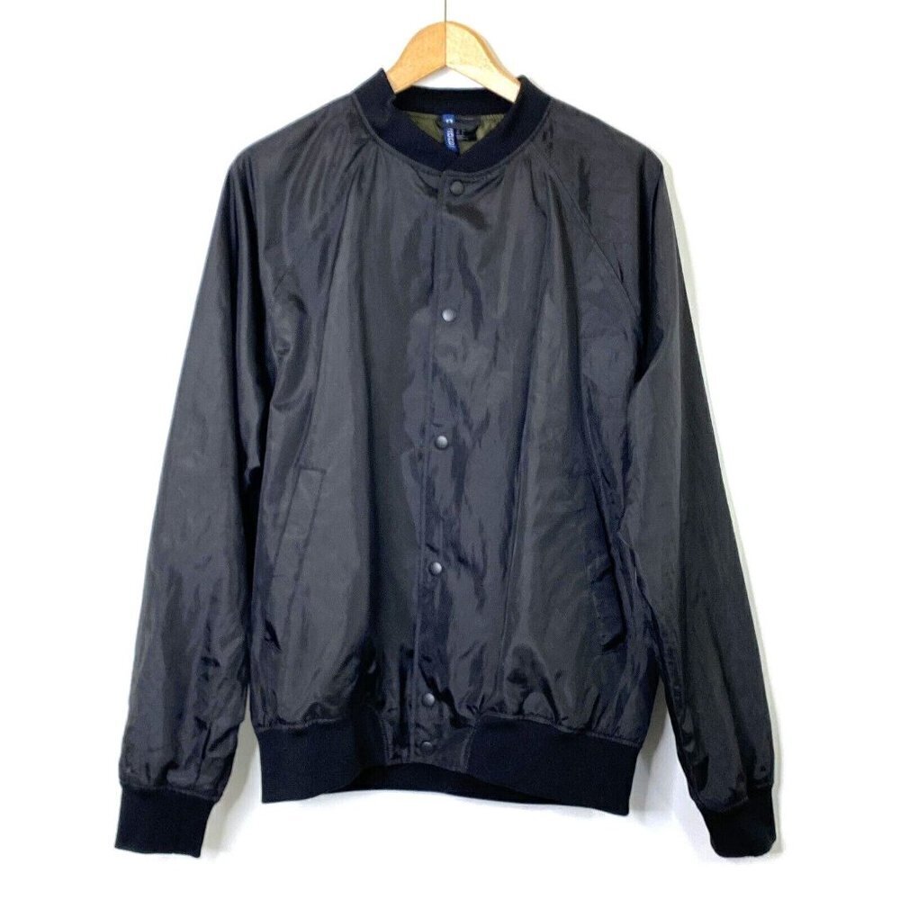 Divided Bomber Jacket Mens size Large Snap Front Shiny Black Polyester